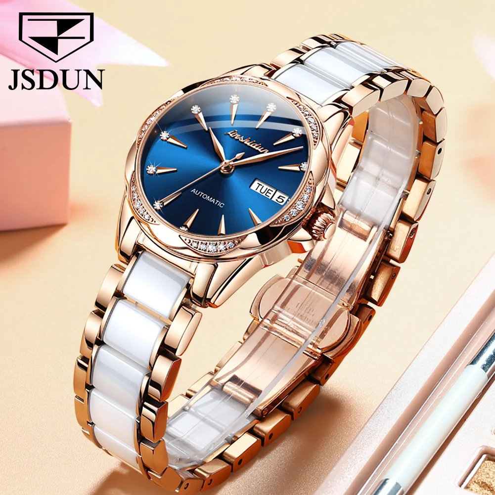 JSDUN Luxury Original Automatic Mechanical Watch for Women High Quality Ceramic Lady Wrist Watch Elegant Fashion Women\'s Watch