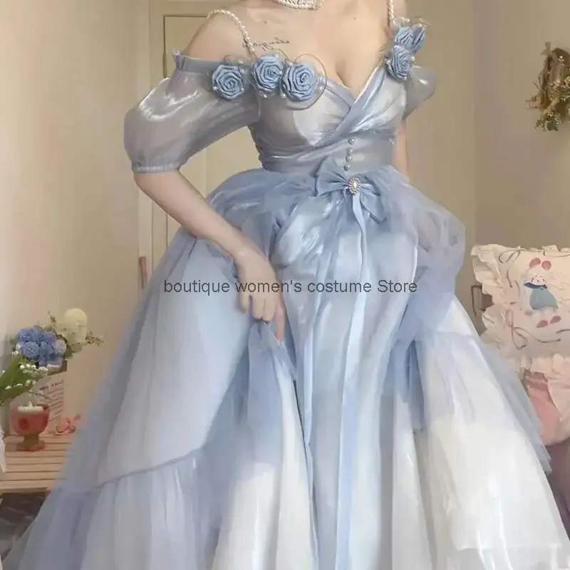

Cos Women Flower Wedding Dress Sweet Elegant Gradual Blue Lolita Dress Light Rose Fairy Princess Dress Girl Gift