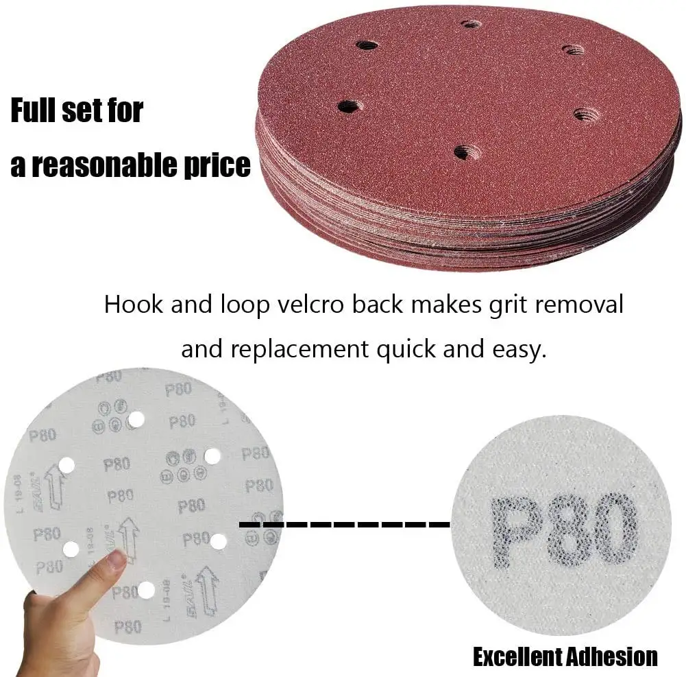

9 Inch 6 Hole Hook & Loop Sanding Discs Assorted 24-240 Grit 5 Pcs Grinding Abrasive Sandpaper for Polishing Drywall Sander Wood