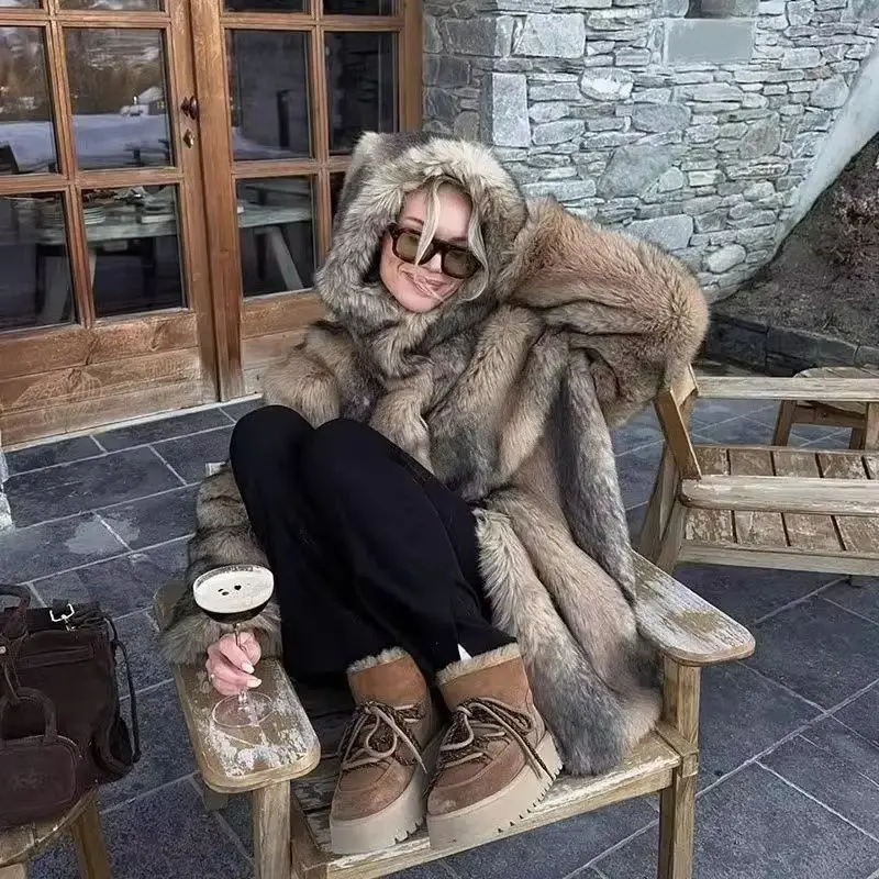 Imitating Fox Fur with A Hooded Loose Mid-length Fur Striped Coat, Elegant and Stylish A New Autumn Winter Fashion Women's Coat