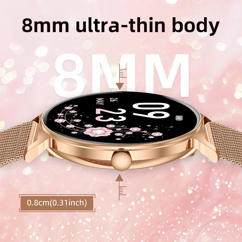 Ultradünne 1,27 Zoll Smart Watch Damen Herzfrequenzmesser Musik Bluetooth Anruf Smart Armbanduhr Damen Smartwatch für Android iOS
