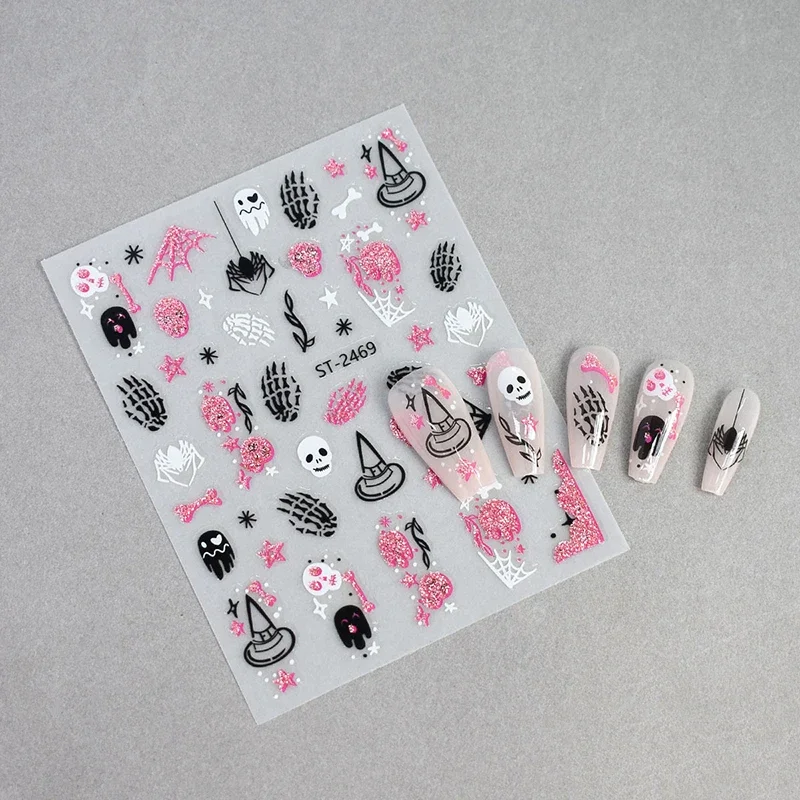 Adesivi per unghie 3D Halloween Piccolo ragno Zucca Fantasma Divertenti decalcomanie per unghie glitter per cursori per manicure per decorazioni per unghie festival