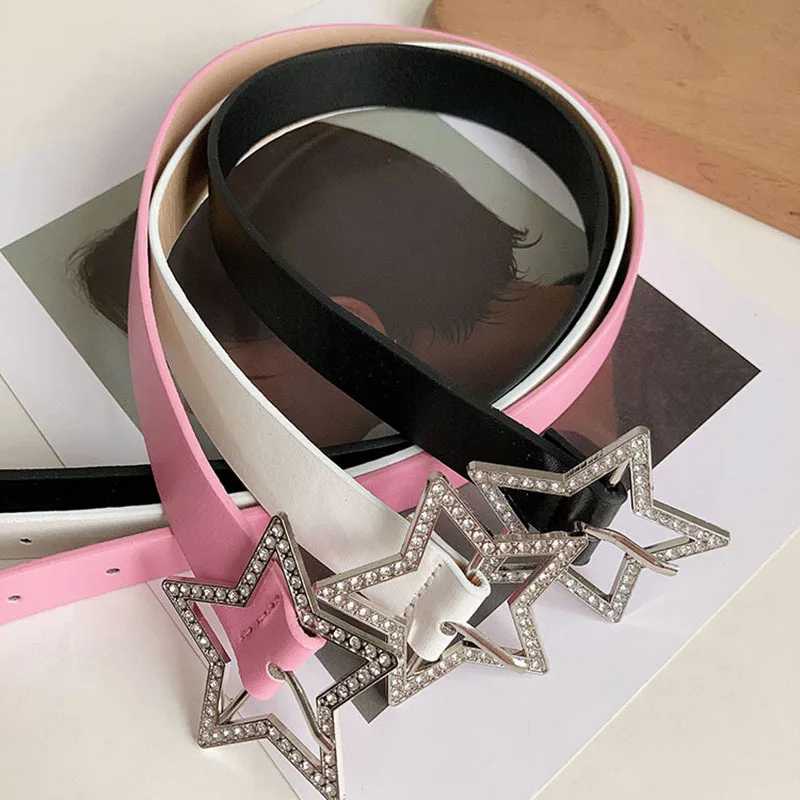 Y2K Star Belt Rhinestone Metal Buckle for Girls' Millennium Ins Fashion Pink Leather Jeans American Retro Waistband Bride Decor