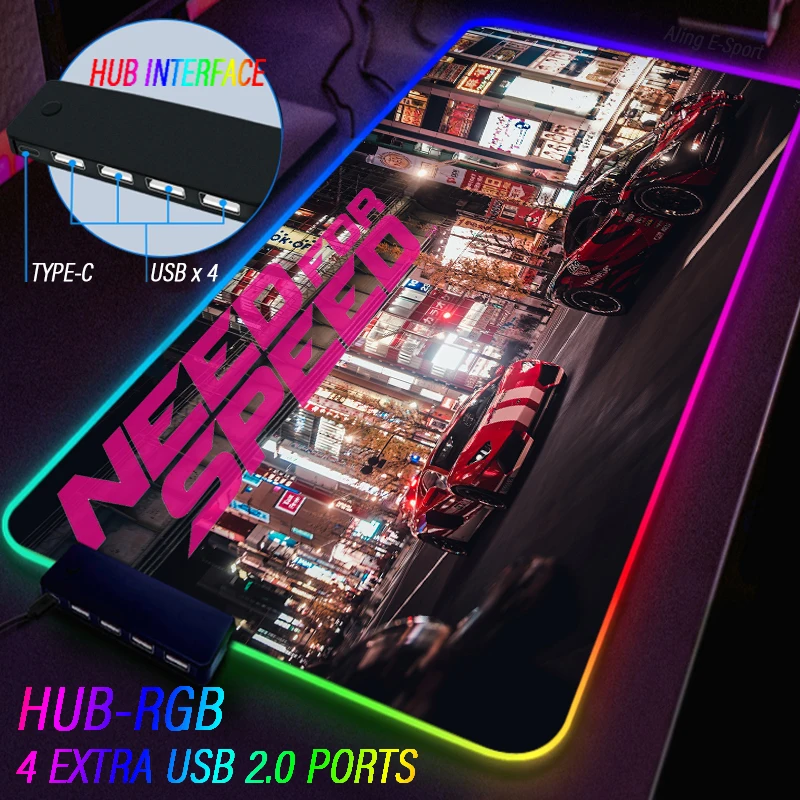 Custom Anime Hub 4 IN 1 USB Mouse Pad RGB NFS Luminous Rug Wide Huge LED Backlight Desk Mat PC Accessories Carpet