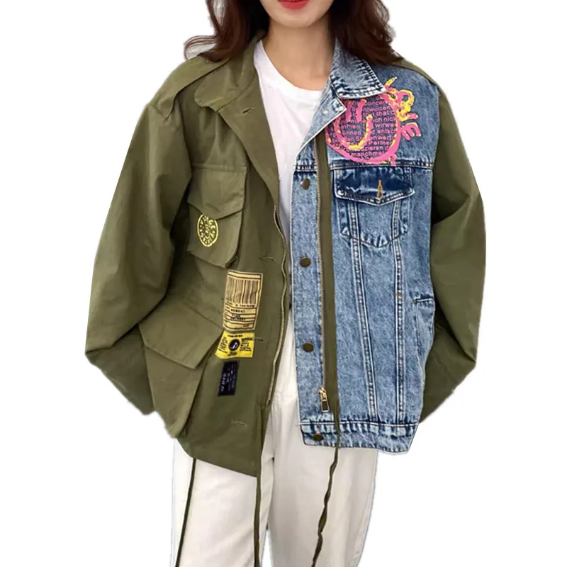 

Spring Autumn New Vintage Denim Jacket Women Print Splice Color Contrast Cowboy Outerwear Fashion Loose Jeans Coat Female B258