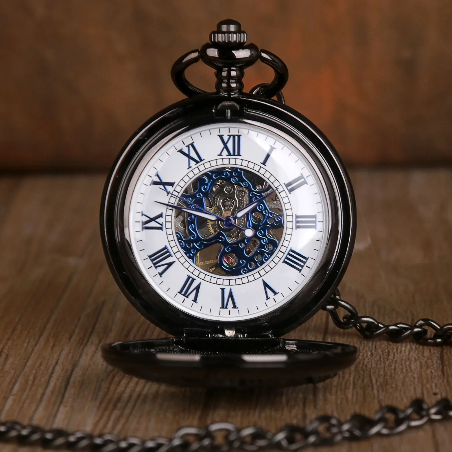 Vintage Charm Black Fashion Hollow Skeleton Mechanical Steampunk Pocket Watch Women Man Hand Wind Fob Watch Pendant With Chain