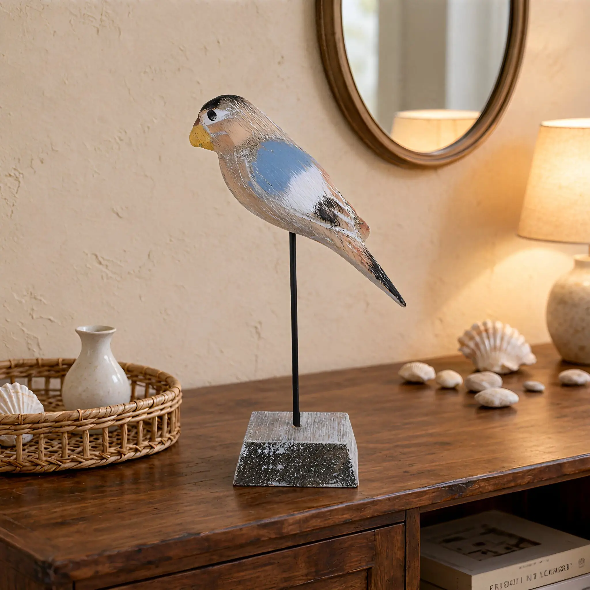 Hand Carved Natural Wood Coastal Shelf Bird Statue Seagull Ornament for Desk Window Sill Rustic Vintage Mediterranean Style Bird