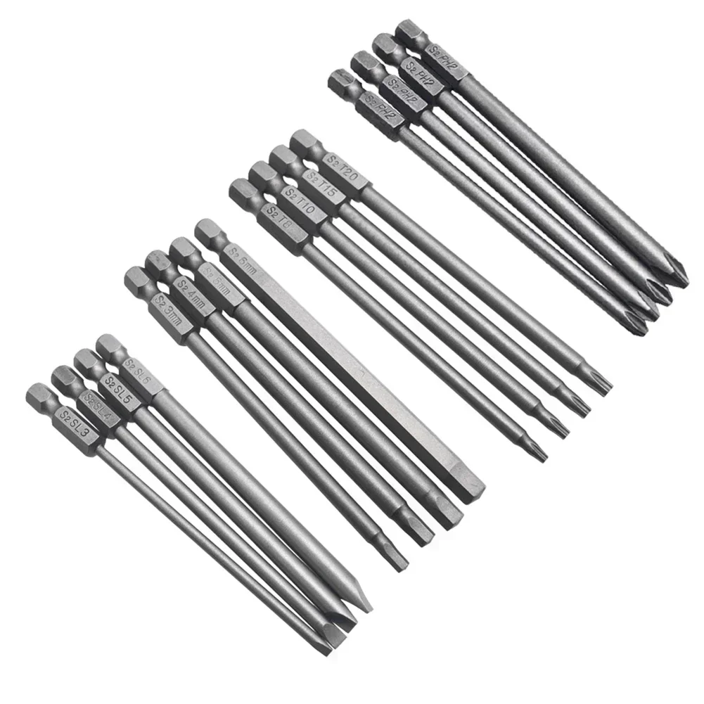 4pcs 100mm Long Screwdriver Bits Set Hex Head Cross Flat Head Slotted Tip 1/4 Inch Hex Electric Screwdriver Bits Power Tool
