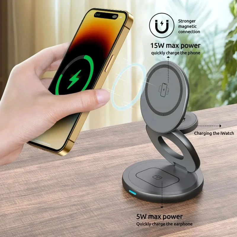 プレミアム360度回転式3-in-1マグネティックワイヤレス充電ステーション、折りたたみ式高速充電スタンド（iphone、apple-watch、イヤホン用）、自宅や旅行に最適