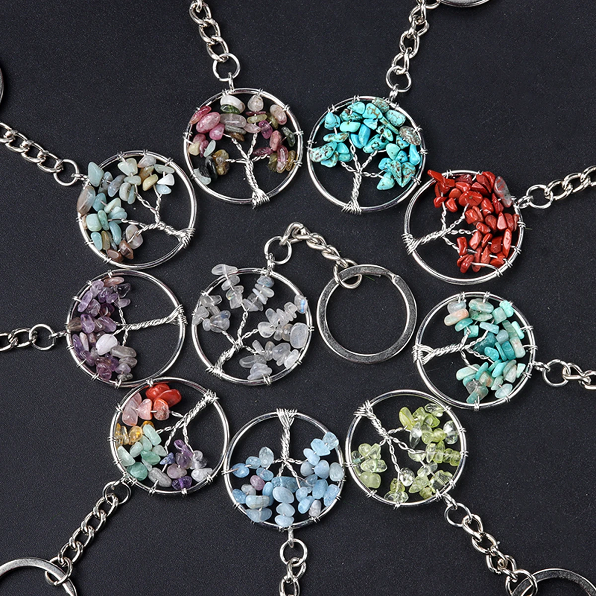 Image of 5 teile/satz Runde Baum des Lebens Anhänger Naturstein Kristall Achat Quarz Chip Stein Schlüsselbund Edelstahl Schmuck Zubehör