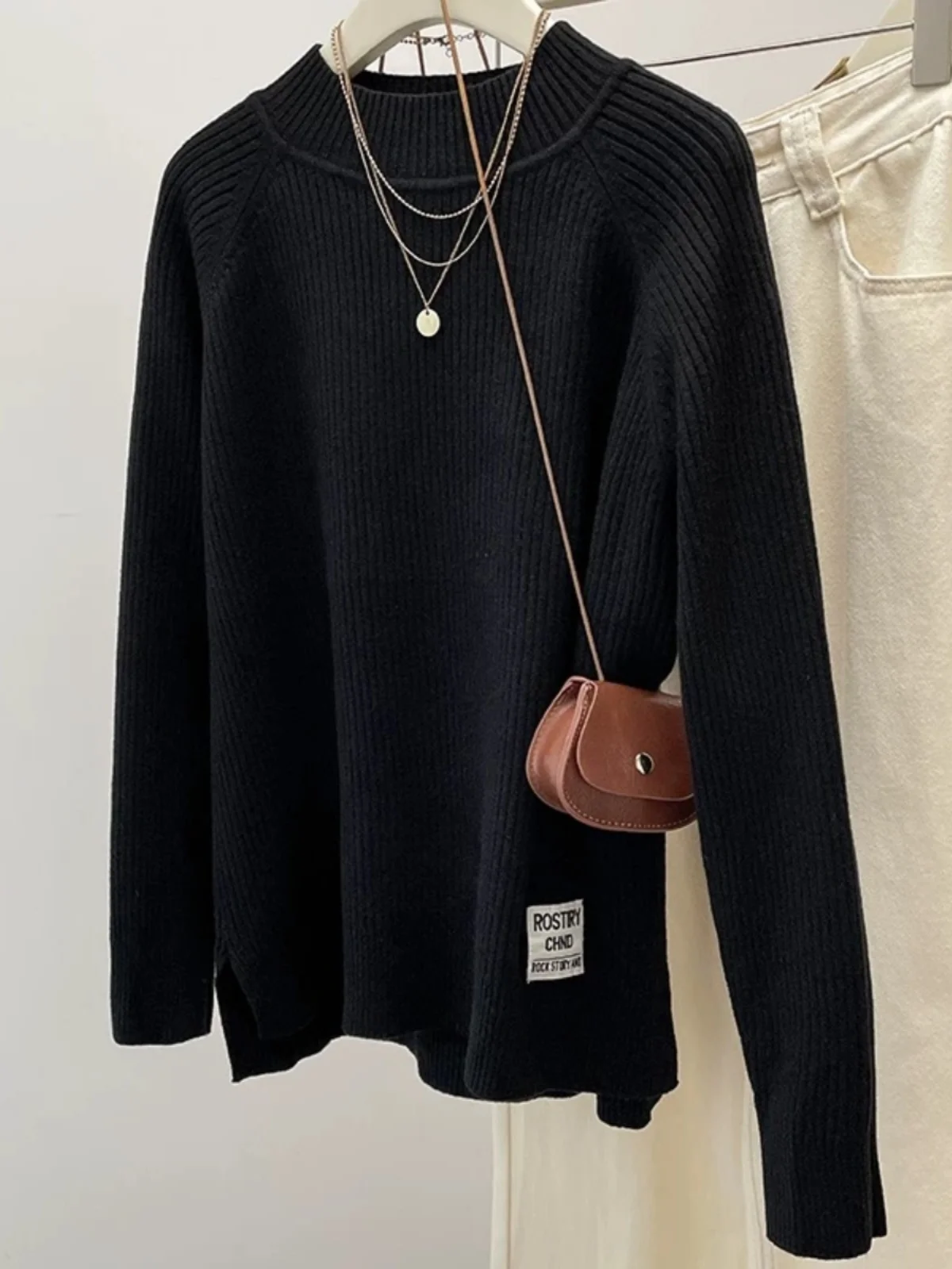 

Женская вязаная свободная повседневная кофта больших размеров с высоким воротником, осенне-зимняя, простая, универсальная, стройнящая, базовая модель