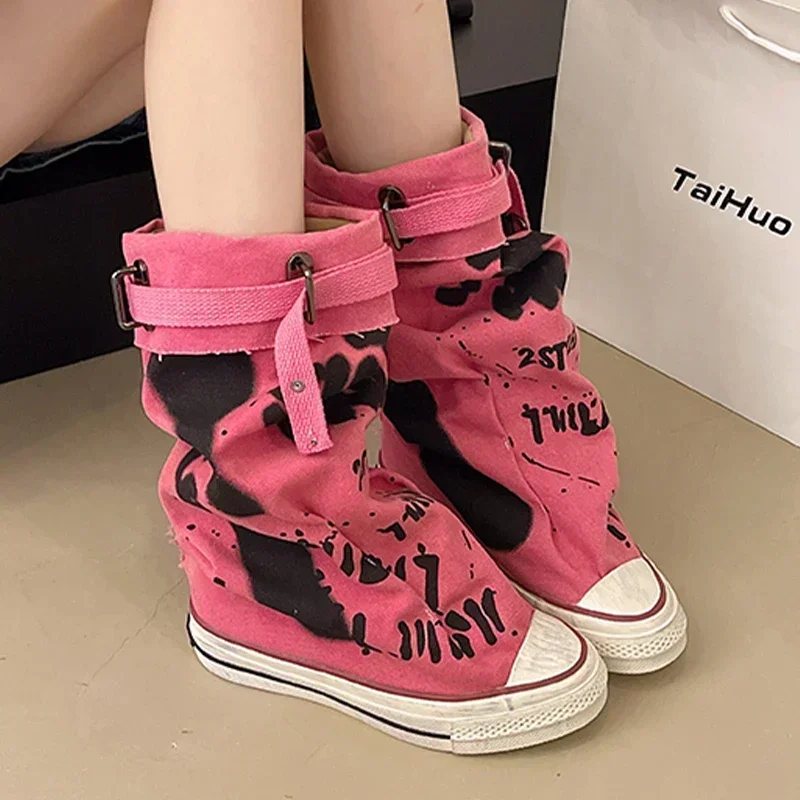 

Women's Spring Graffiti High Canvas Boots Round Head Middle Follow Anti-slip Boots Women Leisure Fashion Rubber Sole Botas Mujer