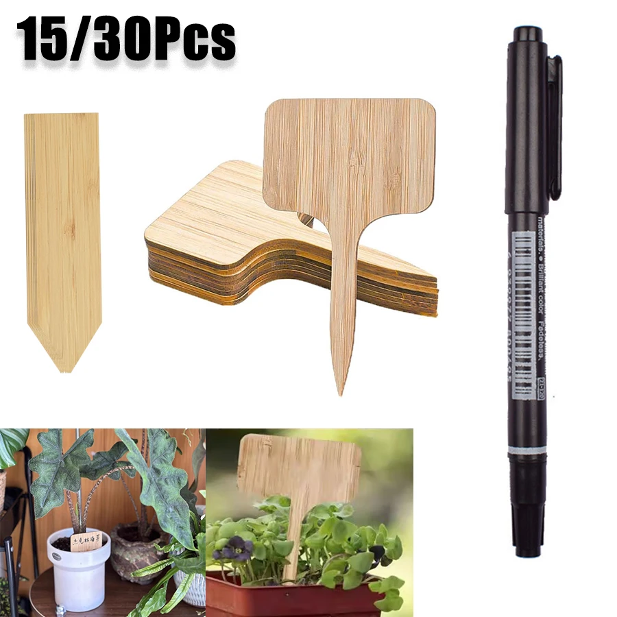 15/30pcs Bamboo Plant Labels and Marker Pen Eco-Friendly Plant Sign Tags For Garden Vegetable Flowers Seedlings Waterproof Tags