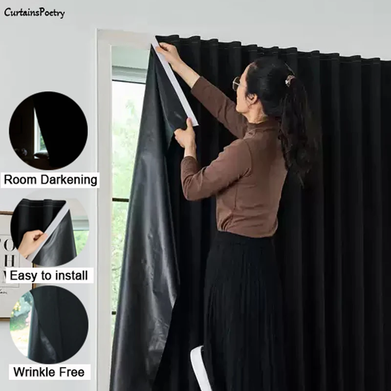 

Punch Free Blackout Window Curtains Light Shading Drapes Easy Install Adjustable Self-Adhesive Curtain for Bedroom & Living Room