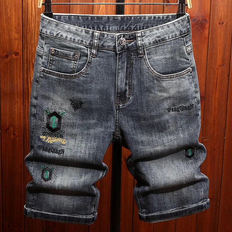 

European Style Embroidered Denim Shorts for Men, Summer Thin Five-Point Shorts5Slim Fit American High Street Blue Shorts
