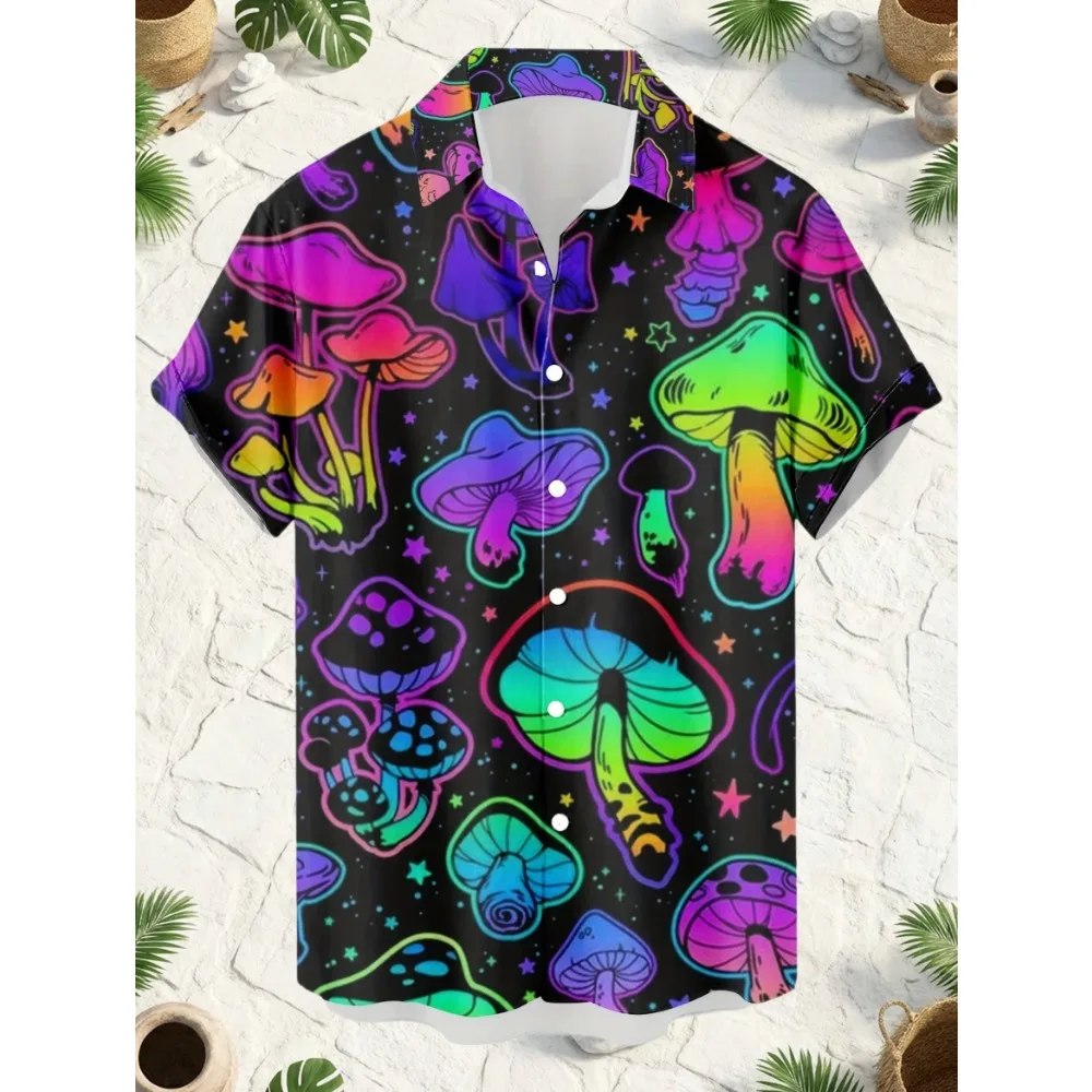 Mens Summer Vacation Shirt All-Over Print Trippy Neon Mushroom Galaxy Star Pattern Short Sleeve Button-up Casual Party Shirts