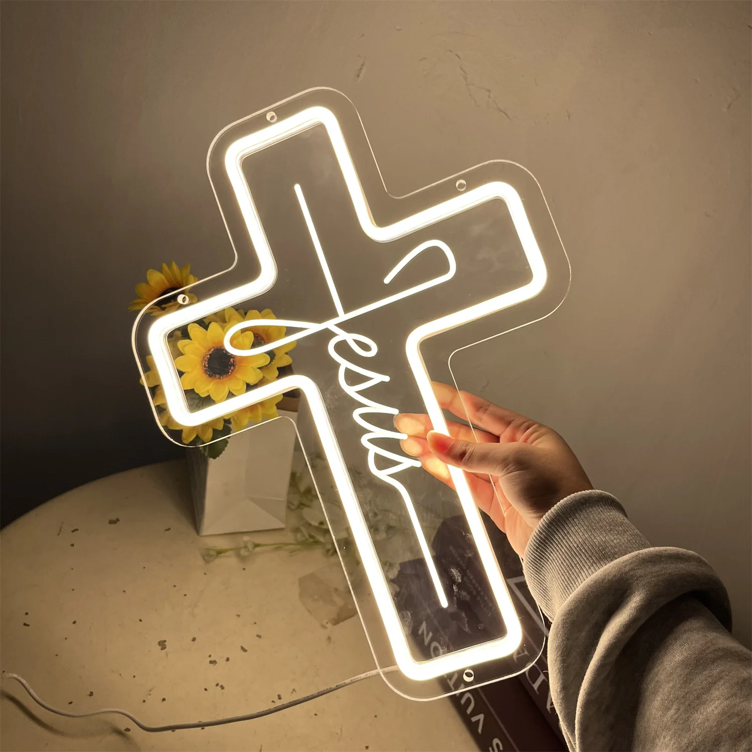 Jesus Cross Neon Sign with Script for Church Home Prayer Room Decor Religious LED Wall Art Faith Themed Spiritual Gift