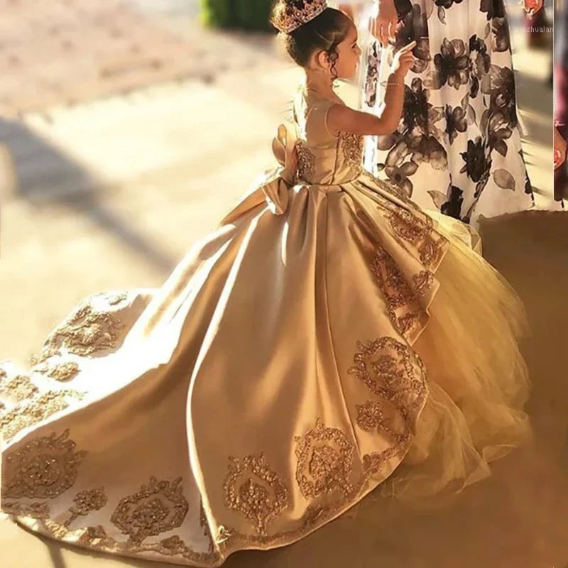 Children Long Train Flower Princess Pageant Formal Attire Celebration Clothes Girl Dress Birthday Performance Gown Kids Wedding