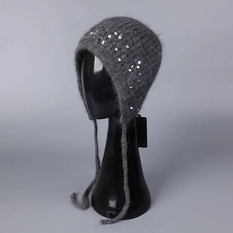 Sequined Knitted Rabbit Fur Blended Split Design Woolen Bomber Cap Women Winter Warmth Outdoor Protection Ear Knitted Beanie Cap