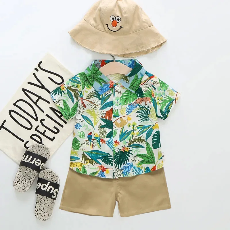 0-5-year-old baby summer short sleeved shorts set, beach style printed short sleeved shirt+casual pants two-piece set