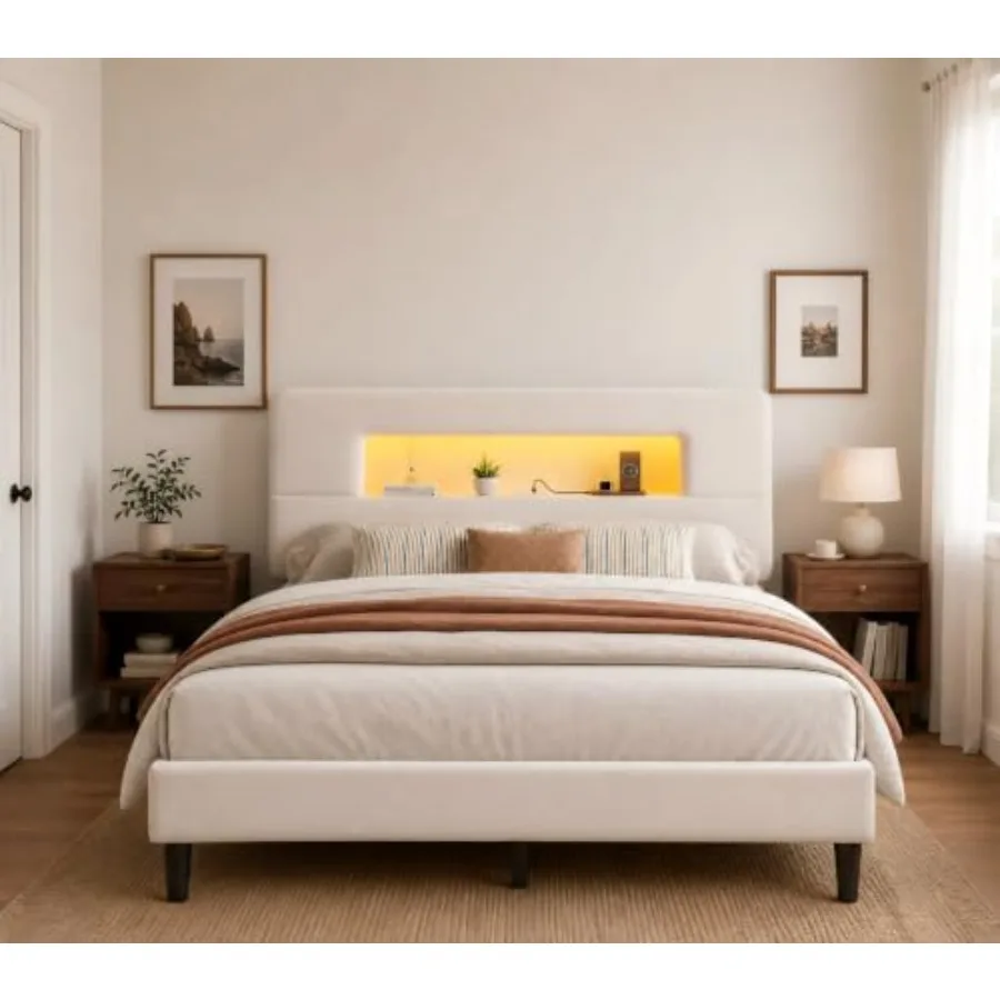 Bed Frame with Storage Headboard, LED Lights USB for Bedroom, Steel and Wood, Black, Space-Saving Design with Charging Convenie
