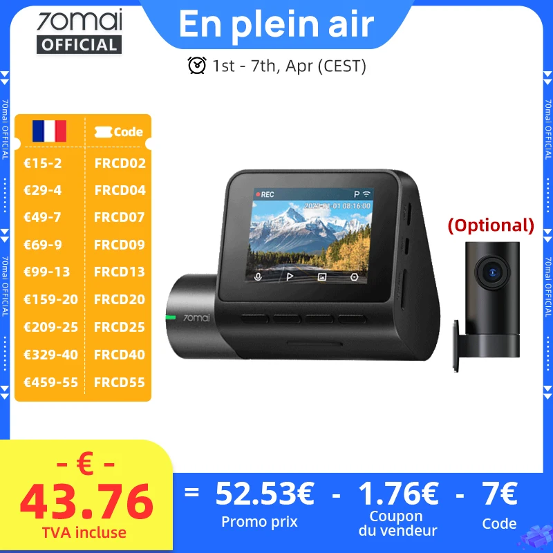 Caméra embarquée 70mai A200 double canal, enregistrement 1080P HDR, écran IPS 2'', surveillance de stationnement 24H, DVR voiture 70mai A200 WIFI APP 130° °   FOV