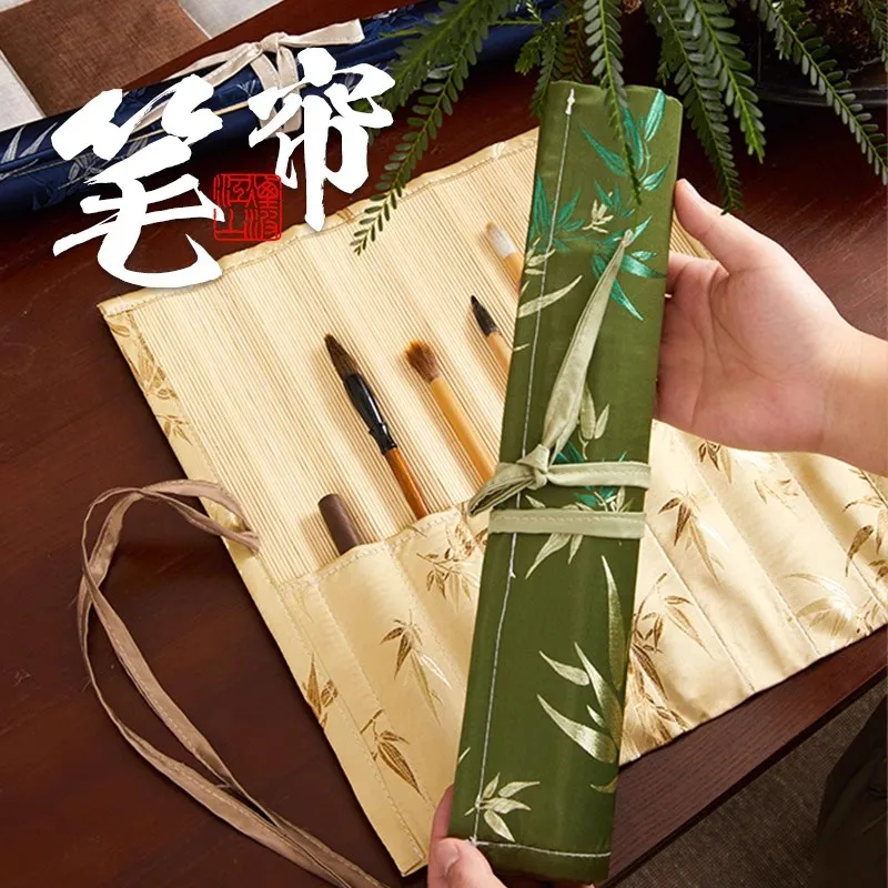New Chinese Style Bamboo Brush Roll, Large Capacity Portable Wrap for Calligraphy Brush Storage and Travel