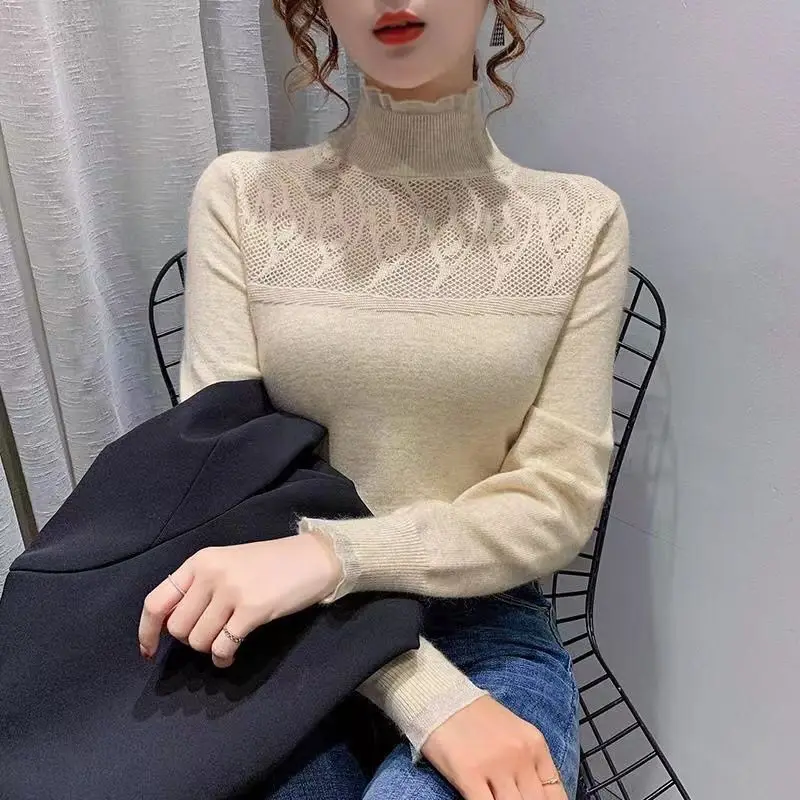 Autumn Winter New Women\'s Pullovers Solid Color Turtleneck Long Sleeve Fashion Simplicity Lace Hollow Out Slim Sweaters Tops