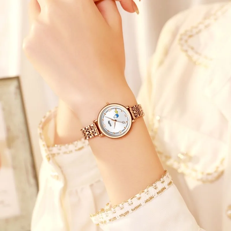 ساعة ميفي النسائية بحزام ذهبي وردي ومينا كرتونية لطيفة ونمط نجمة، هدية رومانسية عصرية وكاجوال للفتيات #2