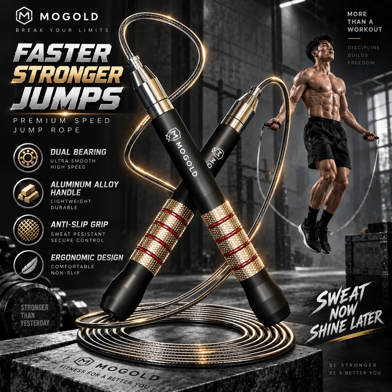 MOGOLD Professional Speed Jump Rope, Dual-Bearing High-Speed Rotation, Anti-Slip Aluminum Alloy Handle, Fitness Jump Rope