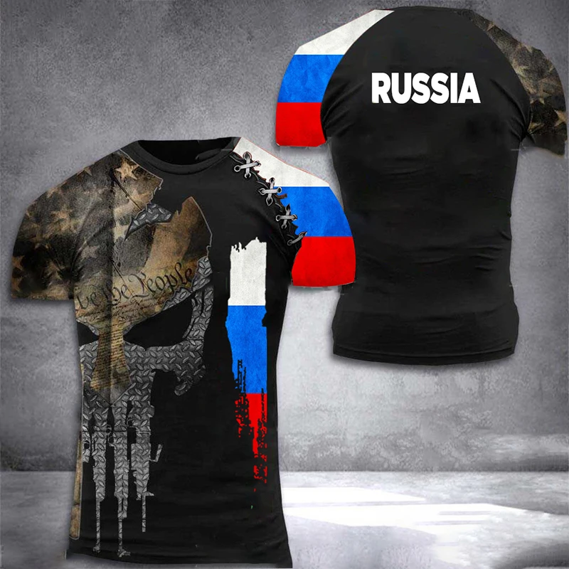 Men\'s Russian Flag Summer T-shirt, 3D Printed Camouflage Top, Round Neck Large T-shirt, 6XL Short-sleeve Fashion Casual Clothing