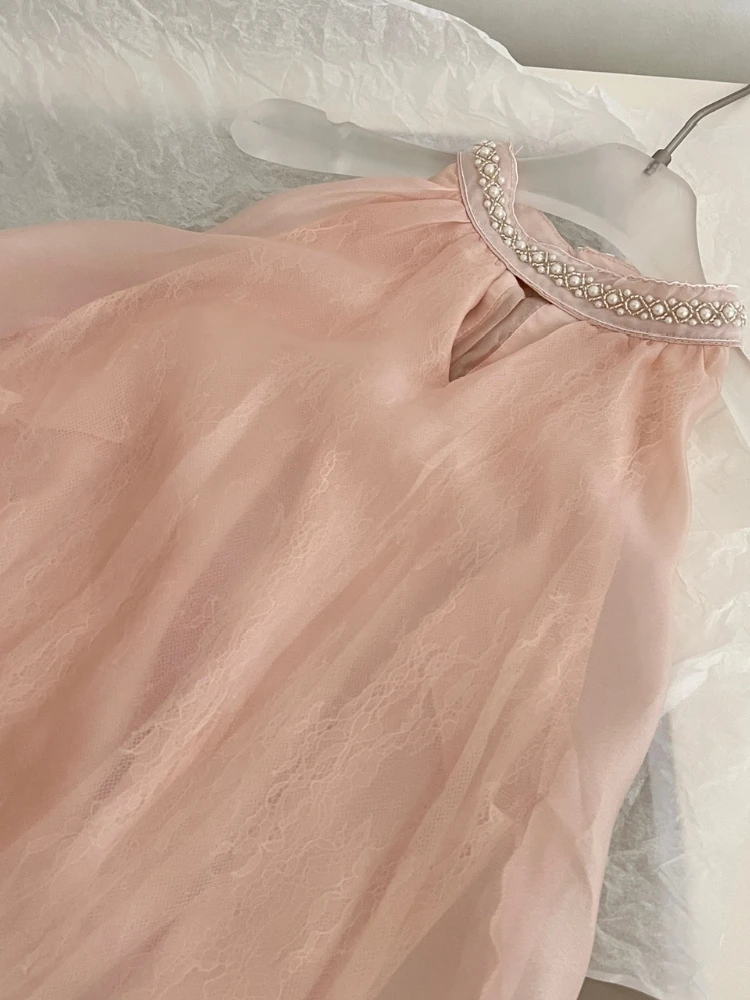 2025 rosa halter pescoço pérola adornado vestido faixas em camadas bainha de renda doce elegante feminino chique design vestido moda feminina nova