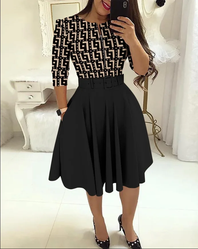 

Women's Fashion Dress Round Neck Printed Belt Mid-Long Sleeve Dress 2024 Leopard Print Color Block Zipper Casual Short Dress