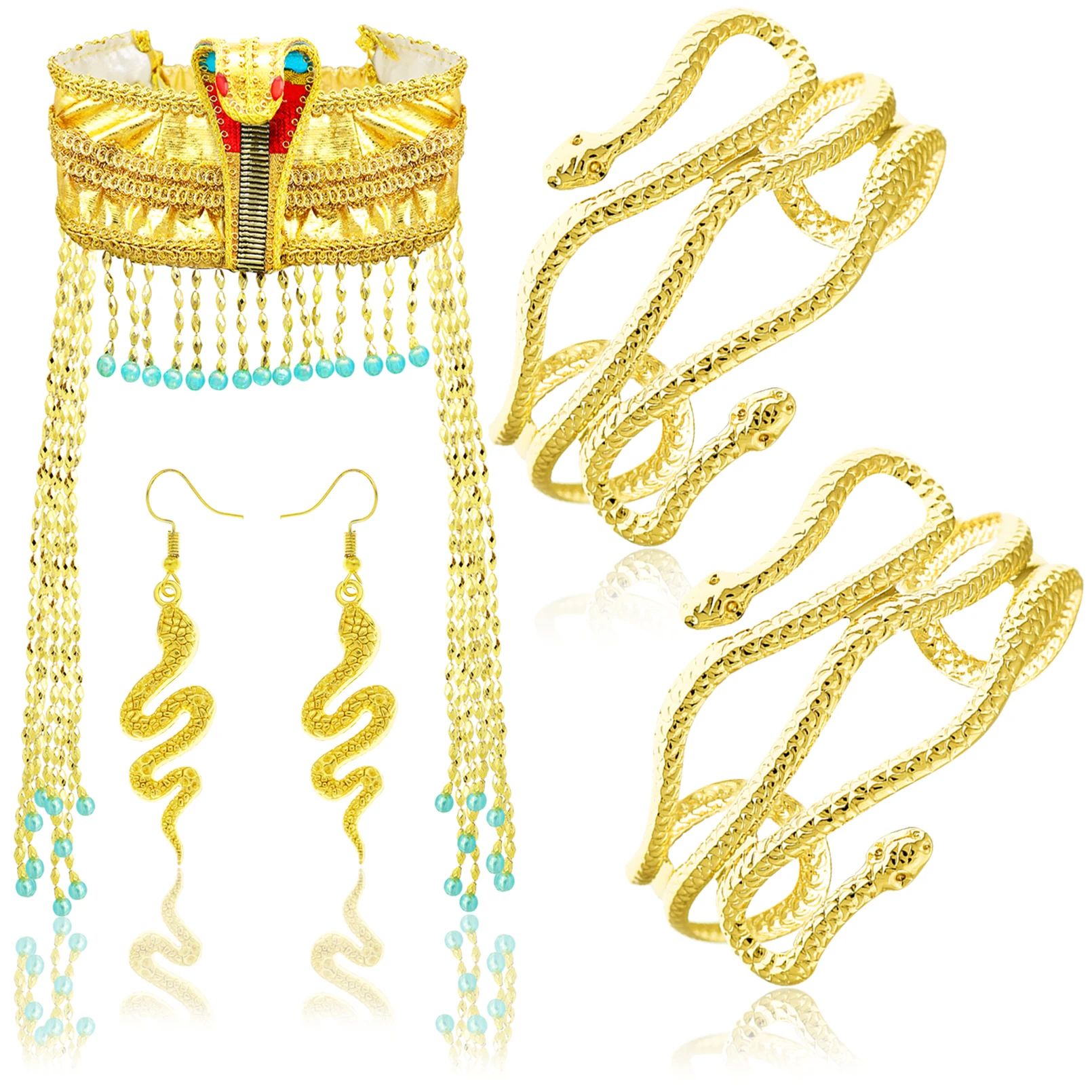 เครื่องประดับสำหรับผู้หญิง ต่างหูรูปงู สร้อยข้อมือ ชุดคอสเพลย์ฮาโลวีน ราชินีแห่งอียิปต์ เครื่องประดับศีรษะรูปงูเห่า ประดับลูกปัดสีทอง ฟาโรห์ประดับเลื่อม เครื่องประดับผม
