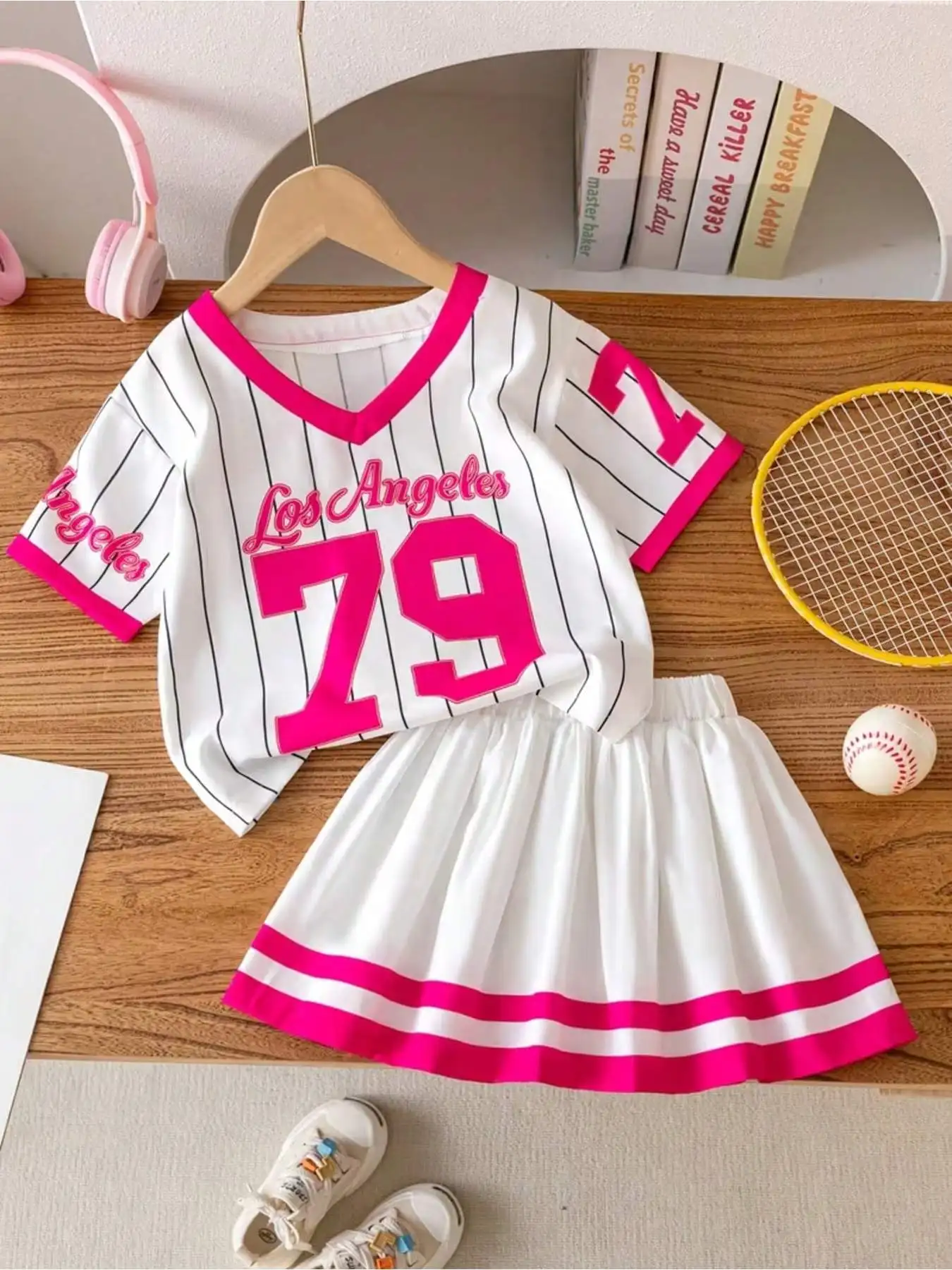 Kinder-Bekleidungsset: V-Ausschnitt, gestreiftes, alphanumerisch bedrucktes Kurzarm-T-Shirt, elastische Taille, lockere Shorts, Outfit für Kinder – Detail 2