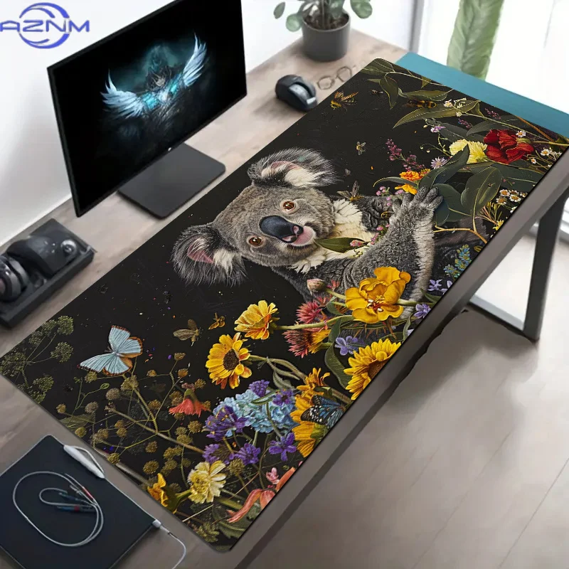 1pc Floral Koala Polyester Large Desk Mat, Non-Slip Base, Durable Office and Gaming Mouse Pad, Perfect Birthday Gift