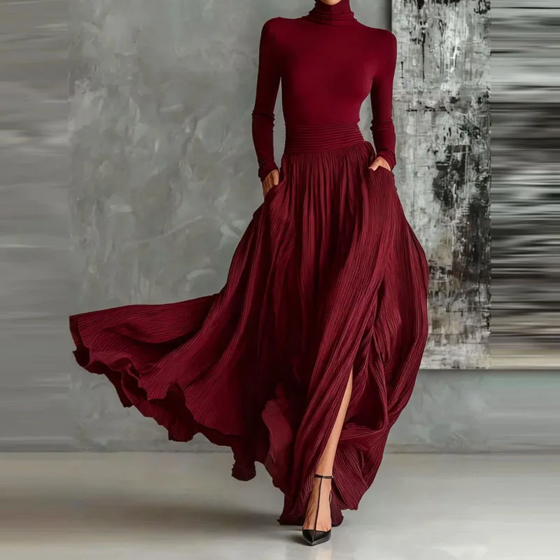 أنيقة الياقة المدورة البلوز وتنورة طويلة مجموعة المرأة عادية كم طويل جيب الصلبة تنورة وتتسابق موضة ثنيات سليم 2 قطعة الدعاوى