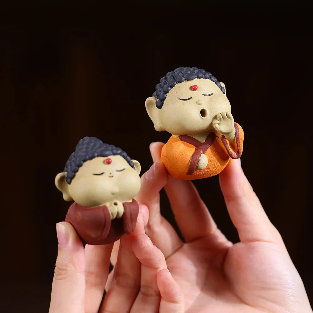 Handmade Yixing Purple Clay Tea Pet Figurine Zen Monk Buddha Statue Feng Shui Decor for Gongfu Tea Set Table Accessories