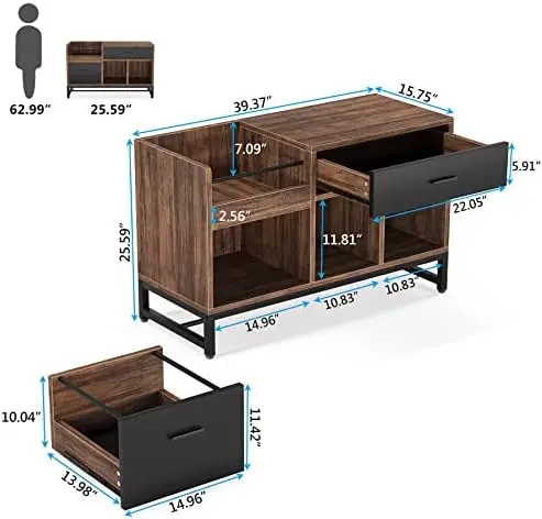Rustic Brown 39 inch File Cabinet with 2 Drawers, Lateral Filing Cabinets, Printer Stand with Open Storage Shelves and