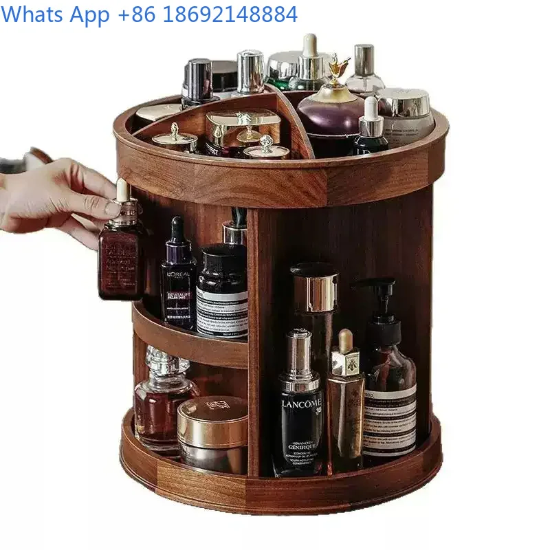 Wooden Makeup Organizer Rotating Storage Box for Dressing Table Large Capacity Multi Functional Desktop Holder Walnut Color