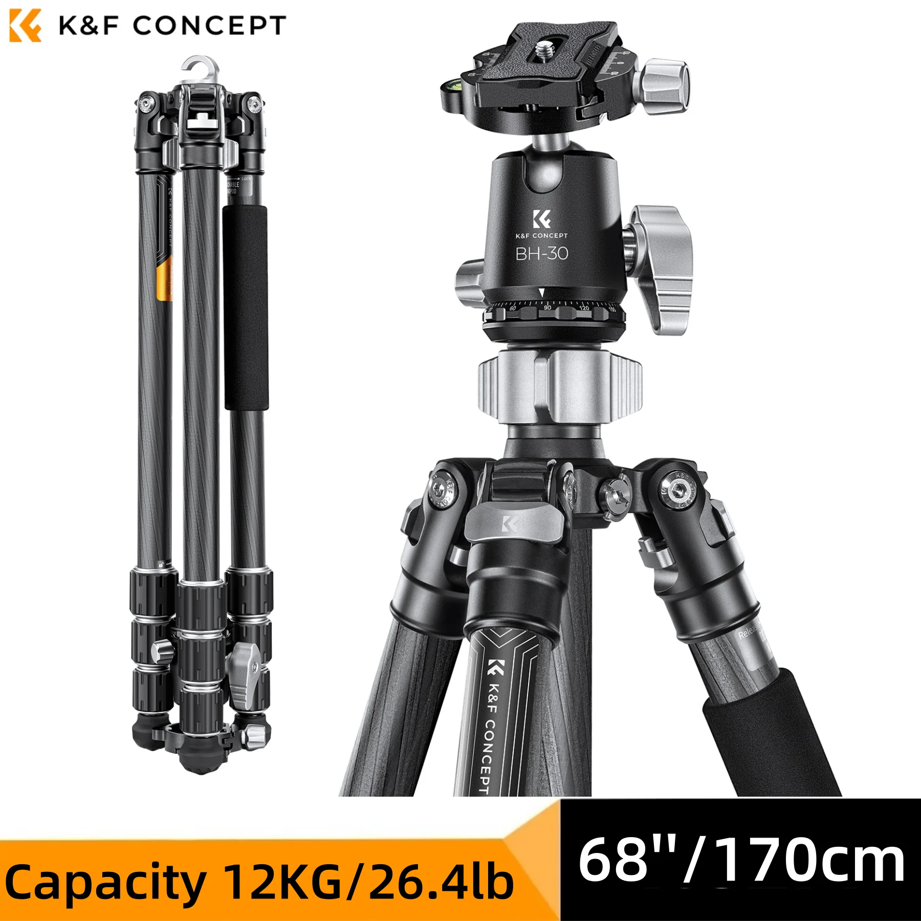 K&F Concept 68''/170cm Carbon Fiber Camera Tripod Professional Photography Tripod with 30mm Metal Ball Head Capacity 12KG/26.4lb