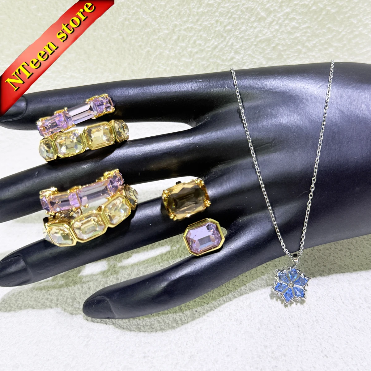 

2025 New Trend Fine Party Jewelry Sets Charm Gold Purple Geometric Crystal Luxury Necklace Ring Earrings Romantic Gift for Women
