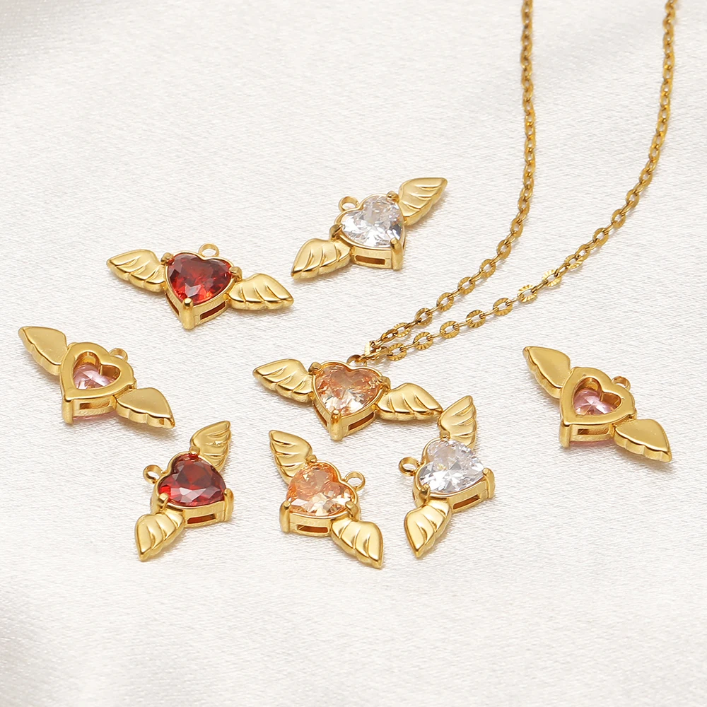 4 Stück Edelstahl-Flügel-Herz-Zirkon-Anhänger für DIY-Exquisite-Ohrringe, Armbandherstellung, Kinder-Halsketten-Charms, Schmuckzubehör – Detail 2