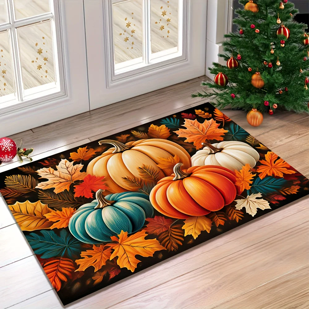 Autumn Harvest Pumpkin Leaf Doormat, Vibrant Fall Thanksgiving Rug, Machine Washable Polyester Welcome Door Carpet Mat