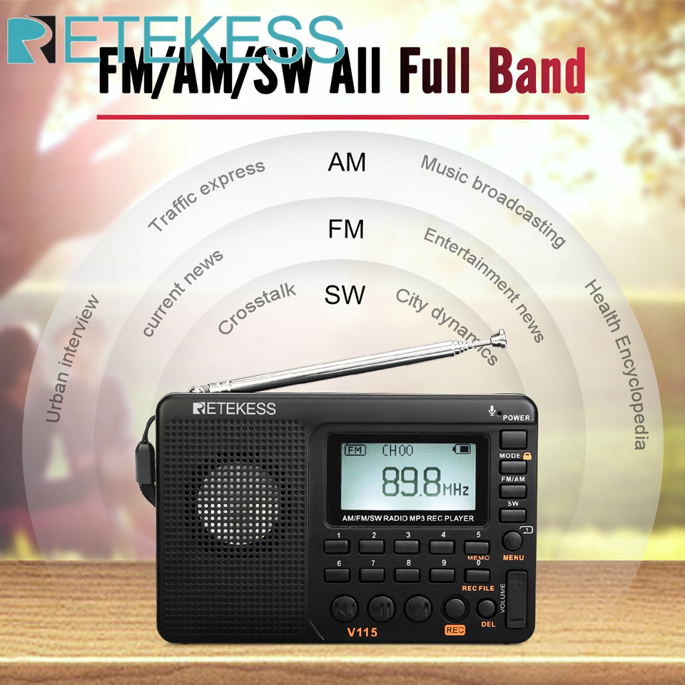 RETEKESS V115 Radio FM AM SW Portable Radios Rechargeable Radio Batteries multiple bands USB Recorder Speaker for Elders TX32