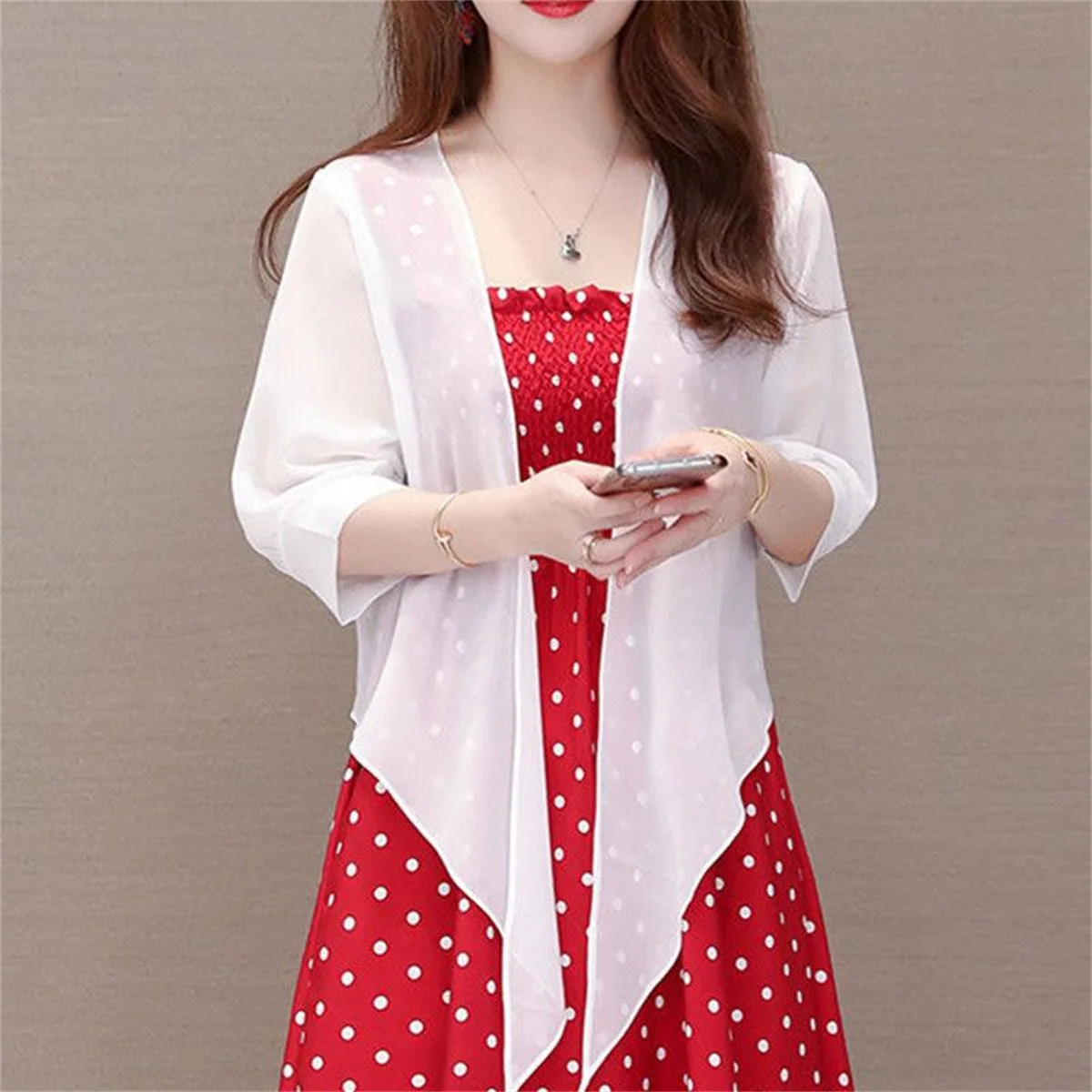 【Only Top】Fashion Thin Chiffon Cardigan Half Sleeve, Solid Color Sun Cape Thin Soft Fabric (No Dress)