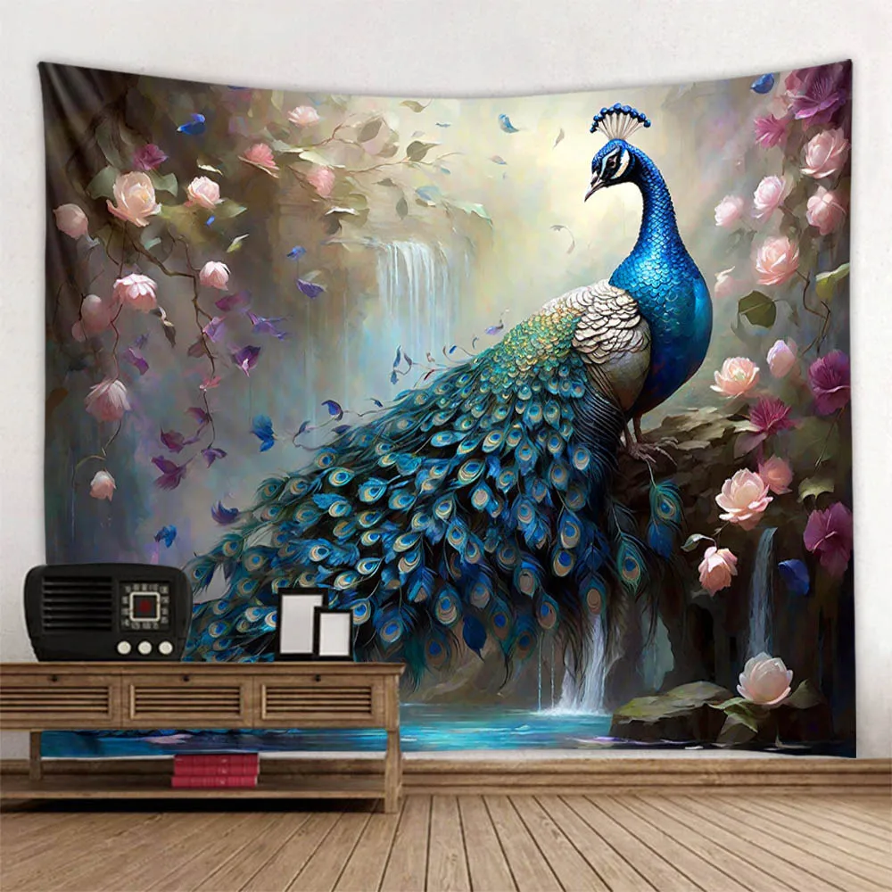 

Peacock Oil Painting Tapestry Wall Hanging Cloth Flower Waterfall Multi-Size Blanket Home Aesthetic Background Decoration