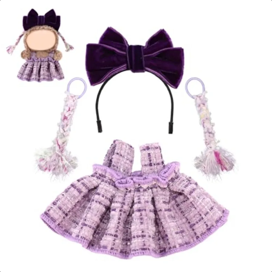 

6.69in Purple Doll Clothes Cute Soft Cloth Outfit Set with 1 Headband Bow 1 Dr 2 Braids Fit for Plush Dolls