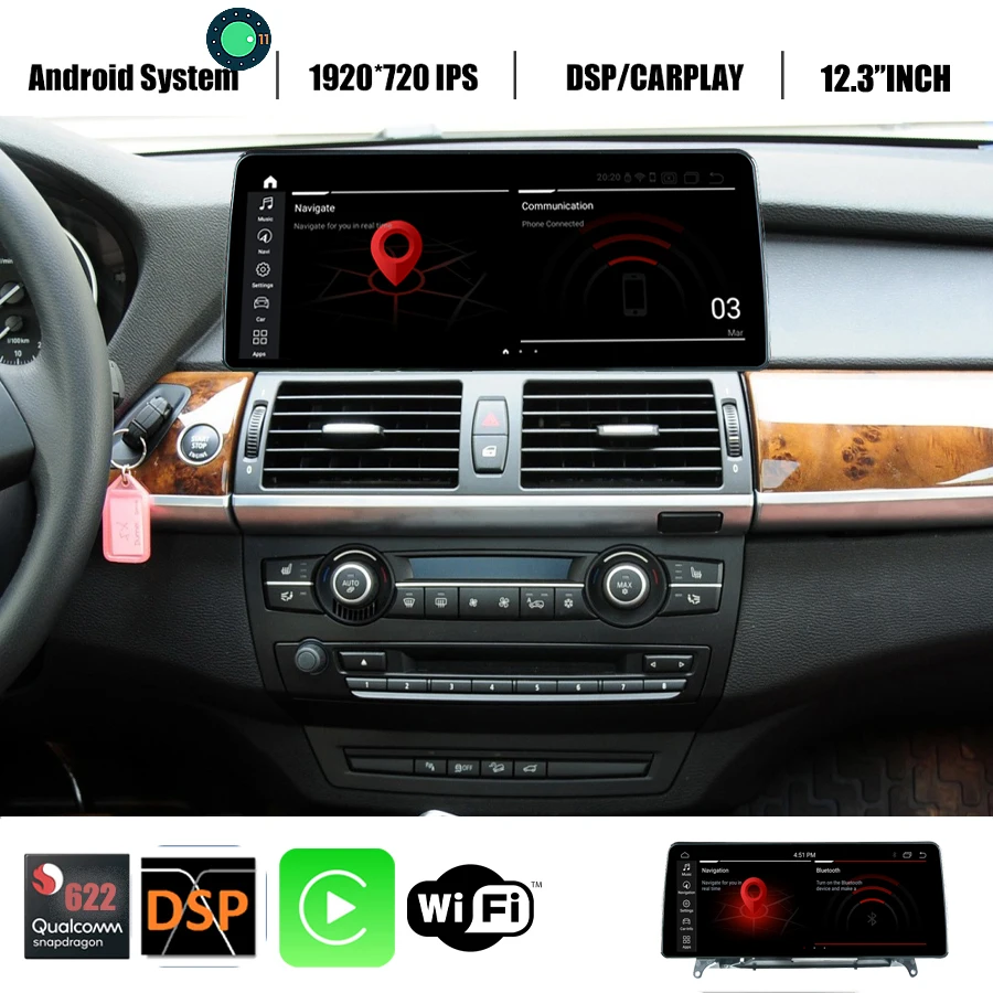 Auto Radio 12.3''Car GPS Navigation Android 11 Multimedia For BMW X5 X6 E70 E71 2008-2013 CIC CCC 1920*720 Carplay Qualcomm 662