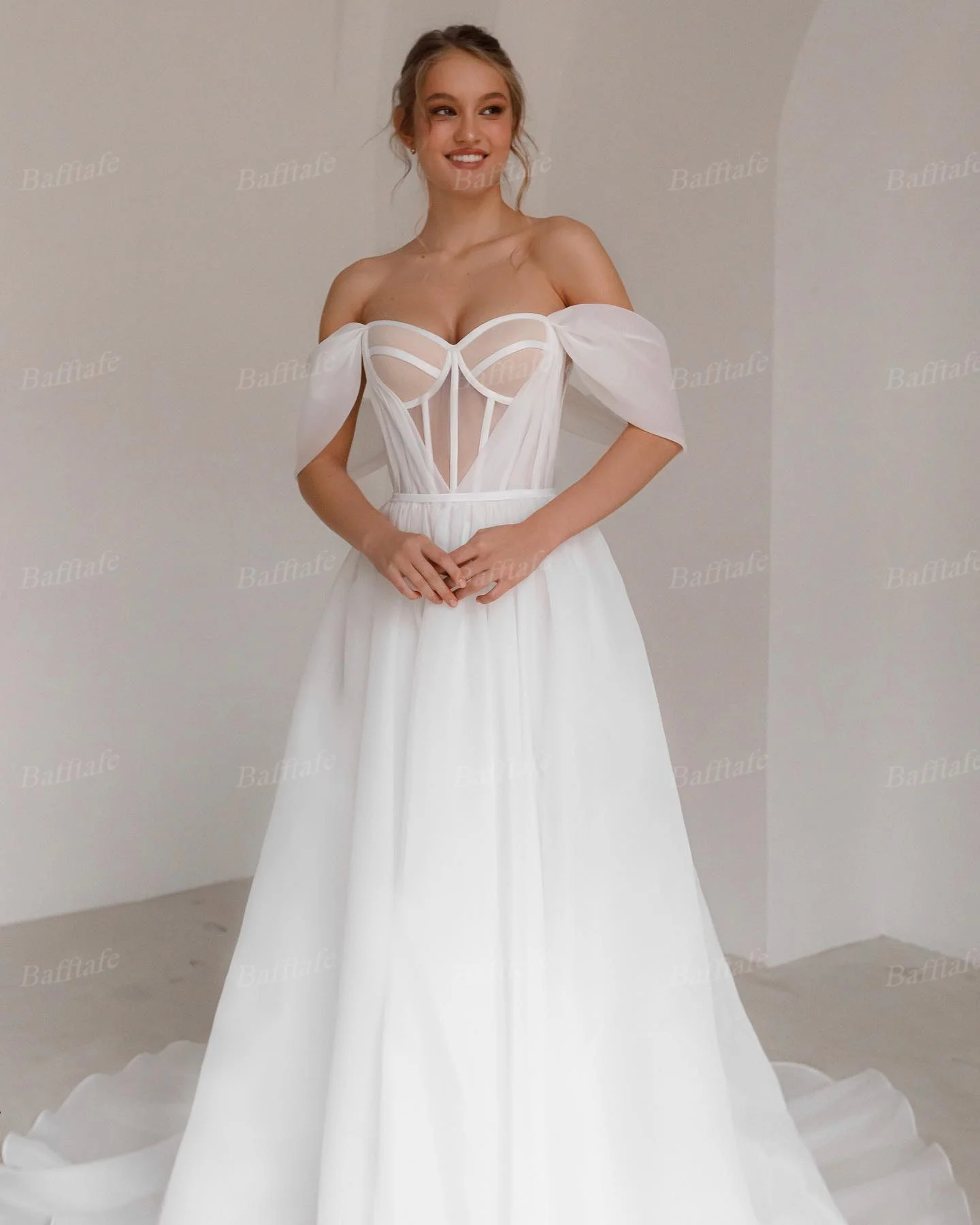 Bafftafe Organza Braut Brautkleider, schulterfrei, durchsichtige Knochen, Strand, formelle Brautkleider, langes Partykleid, individuell gestaltet